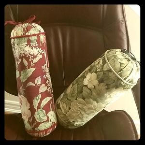 Two Accent Pillows Green Leaf and Burgundy Flowers